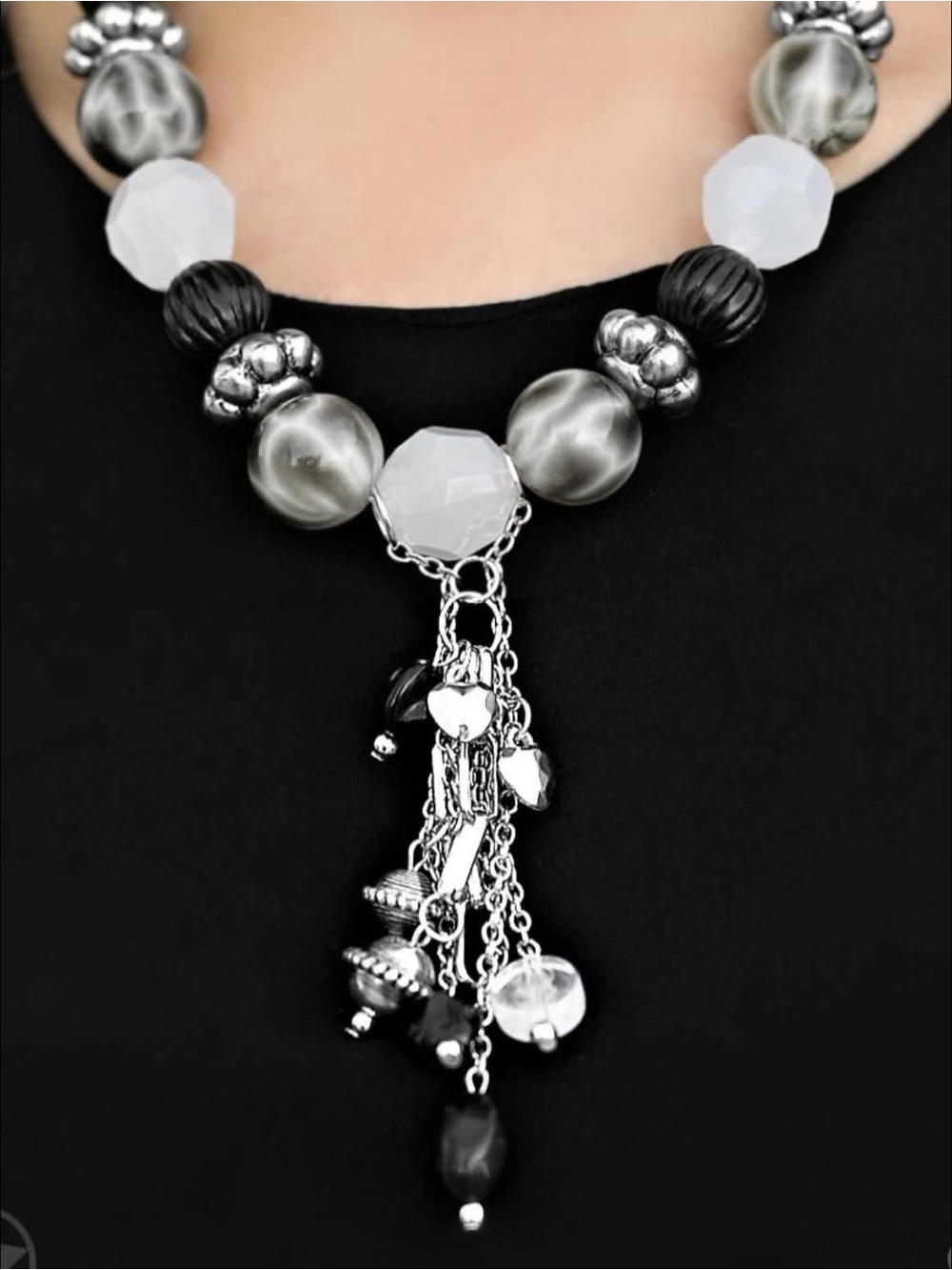 paparazzi Black, White & Silver Beaded Tassel Necklace